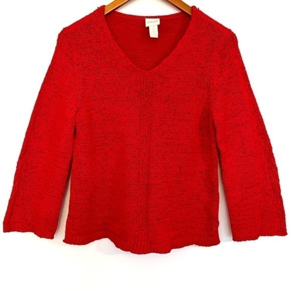 Chico’s Red V-Neck Petite Split Hem Sweater Size 1 Small or 8/10